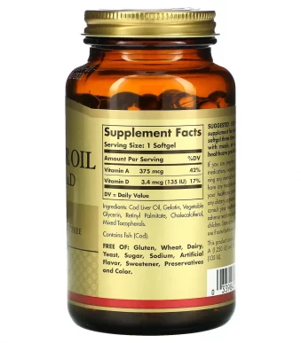 Витамины А и Д3 из печени трески Solgar (Vitamins A and D3 Cod Liver Oil) 1250 МЕ:135 МЕ